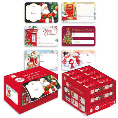 Christmas-themed self-addressed gift labels shown both as individual sample labels and in red retail boxes. The labels feature festive holiday illustrations including Santa, snowmen, a red telephone booth, a Christmas tree, and holiday greetings, with blank To and From fields.