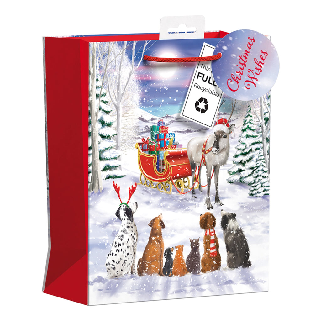 A Christmas gift bag featuring winter pets.