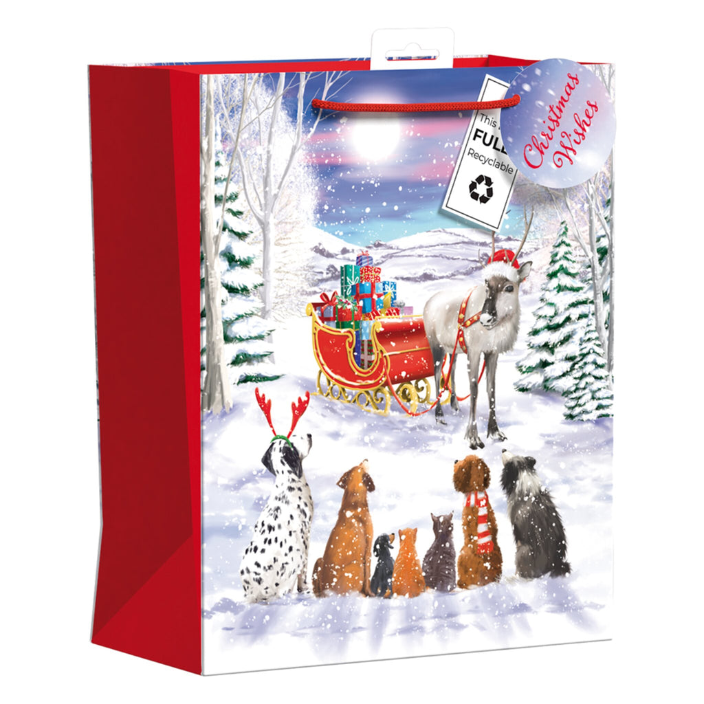 A Christmas gift bag featuring winter pets.
