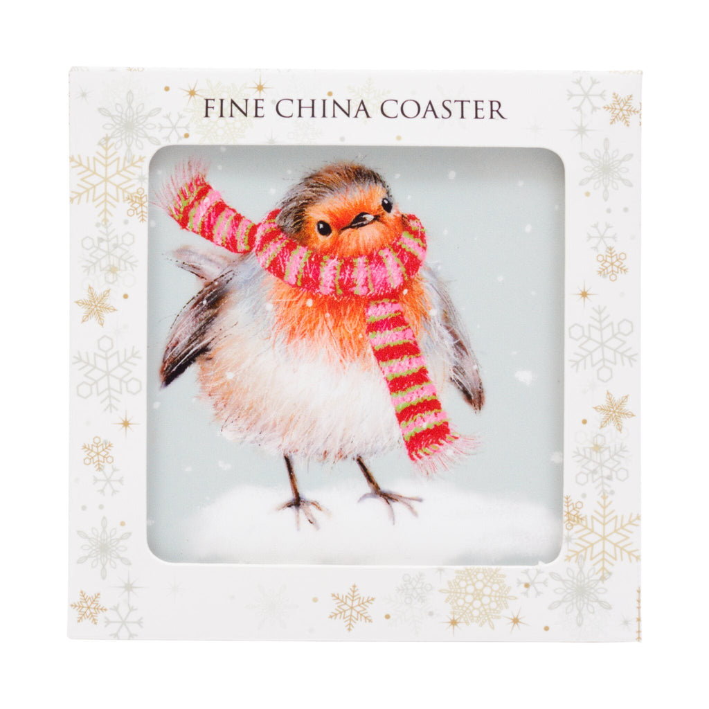 Robin with Scarf Single Ceramic Coaster