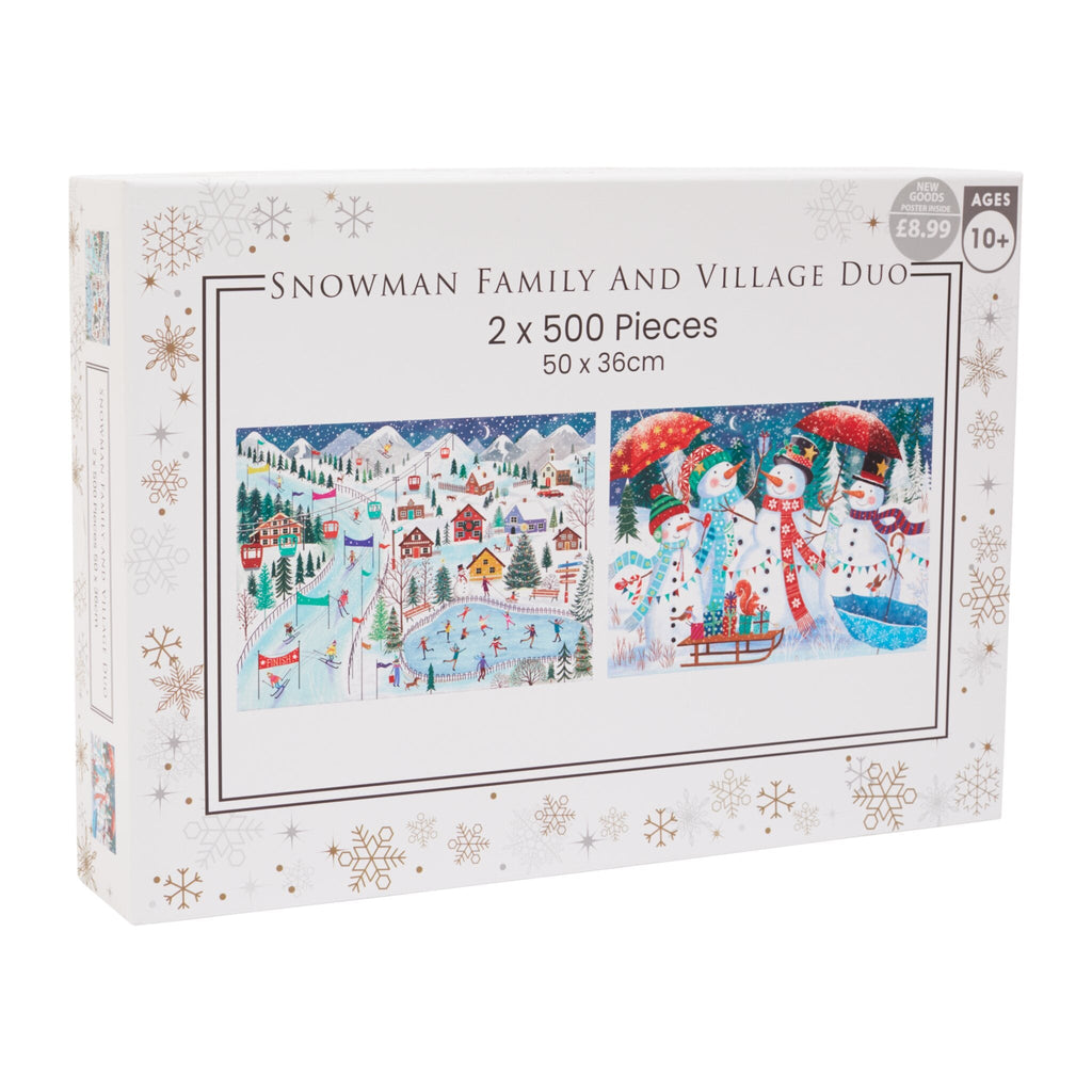 Snowman Family and Village 500-Piece Jigsaw Puzzle Duo Pack