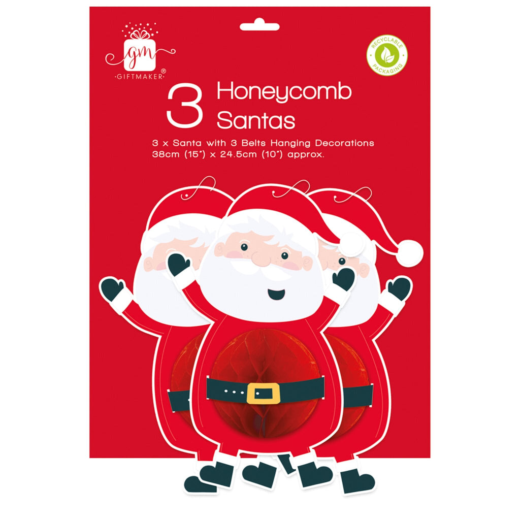 Honeycomb Santa Pack of 3 Paper Decorations