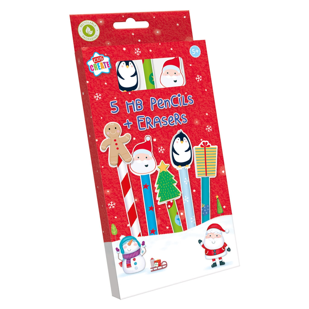 Christmas Pencils & Novelty Erasers 5 Pack