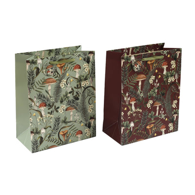Woodland-themed gift bag with mushroom and fern illustrations in earthy tones, ideal for Christmas and year-round gifting