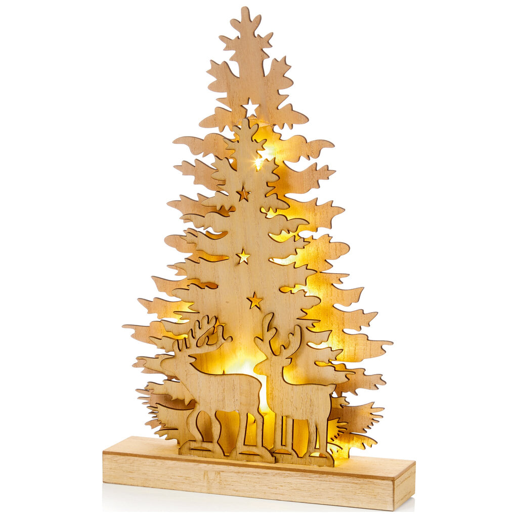 Wooden Christmas tree with deer cutouts and LED lights on a white background