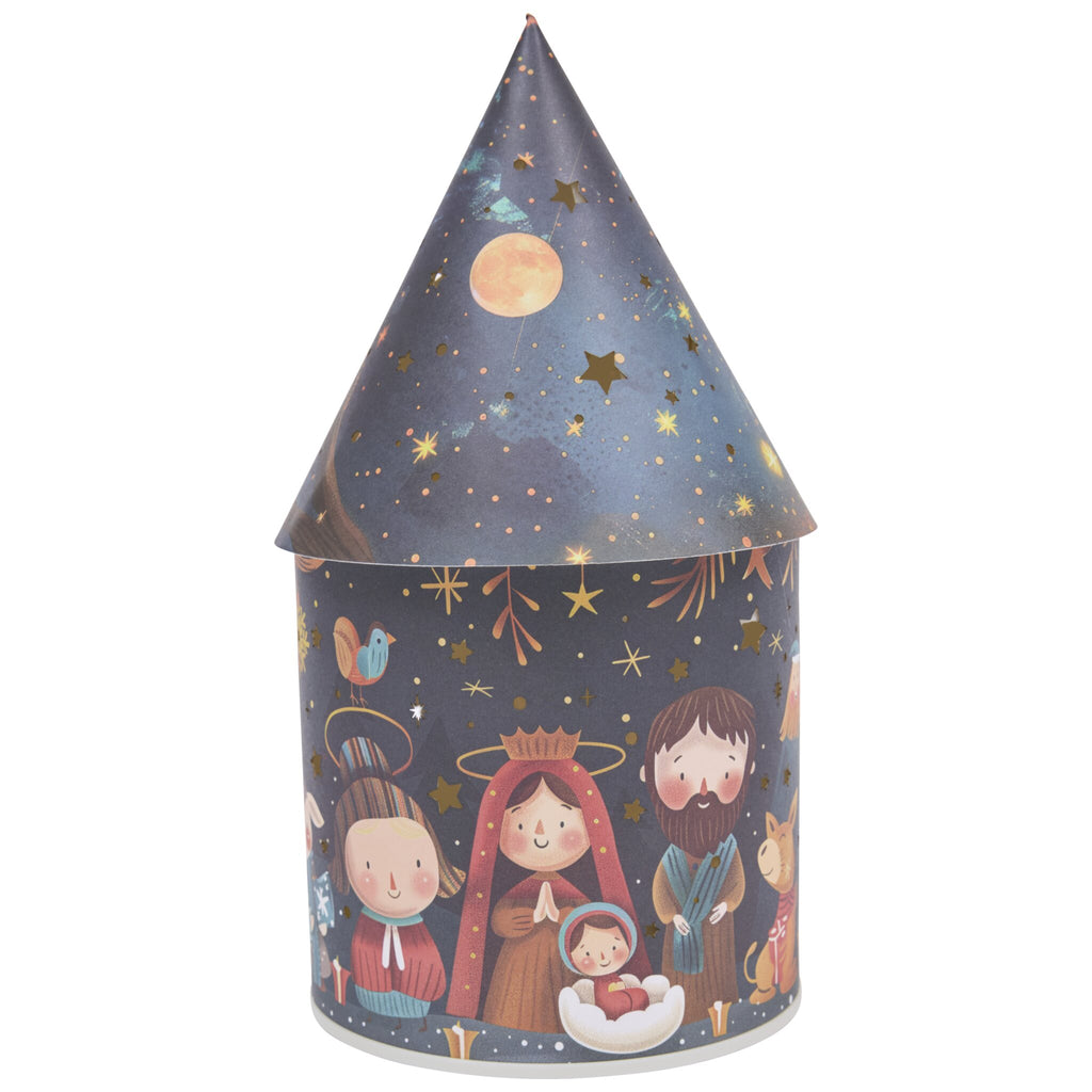 Cylindrical container with a conical lid, decorated with a cartoon-style nativity scene featuring Mary, Joseph, baby Jesus, and a starry night sky—ideal for festive home décor.