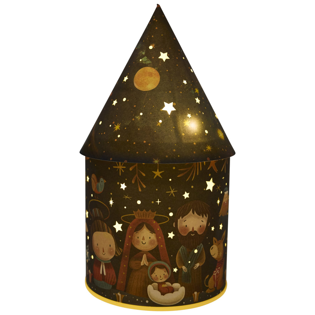 Cylindrical container with a conical lid, decorated with a cartoon-style nativity scene featuring Mary, Joseph, baby Jesus, and a starry night sky—ideal for festive home décor.