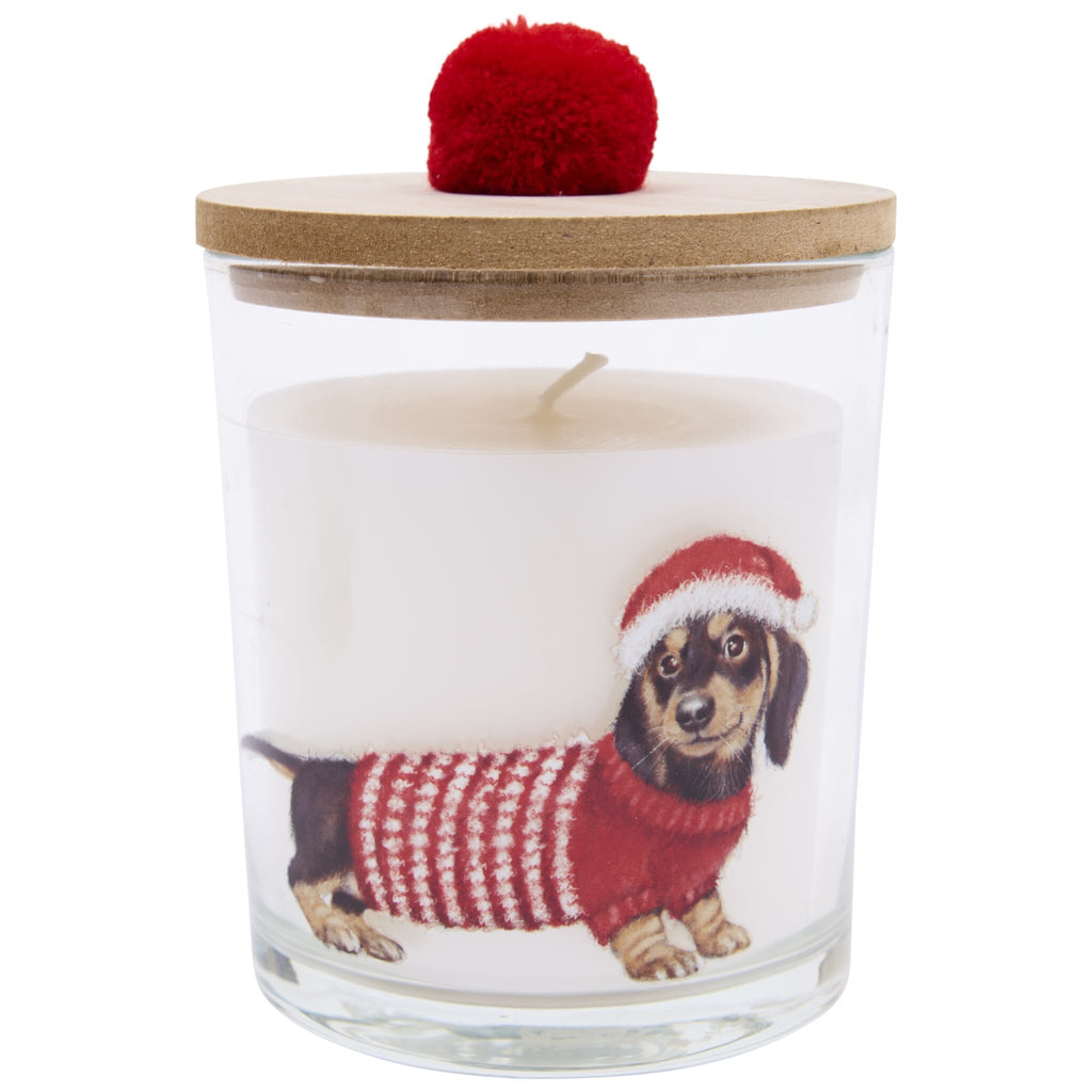 Dachshund wearing Christmas hat and sweater designed pom pom candle.