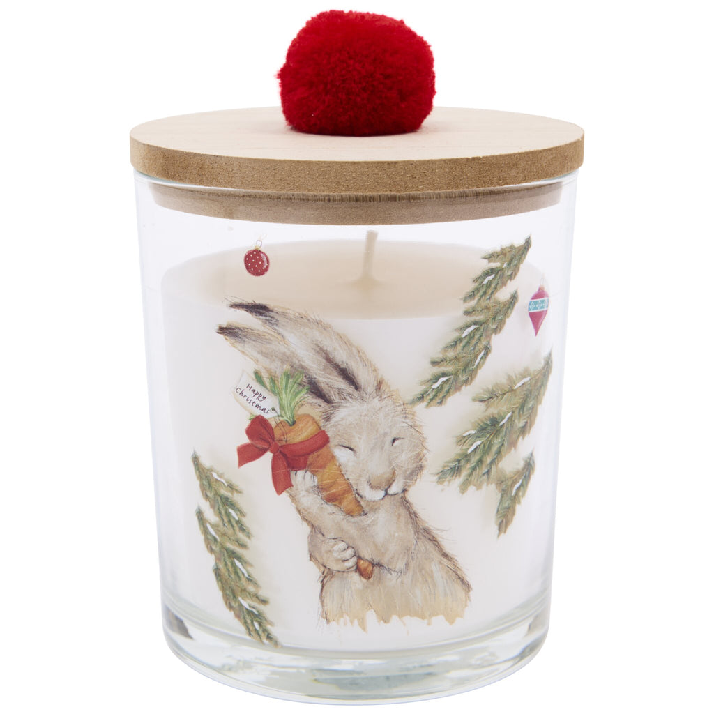 Pom Pom candle featuring hare hugging carrot.