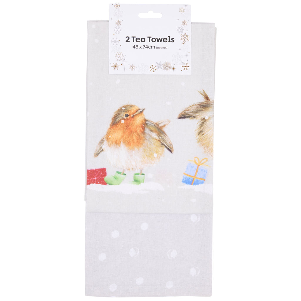 Set of two festive robin tea towels. Both feature the same design. 