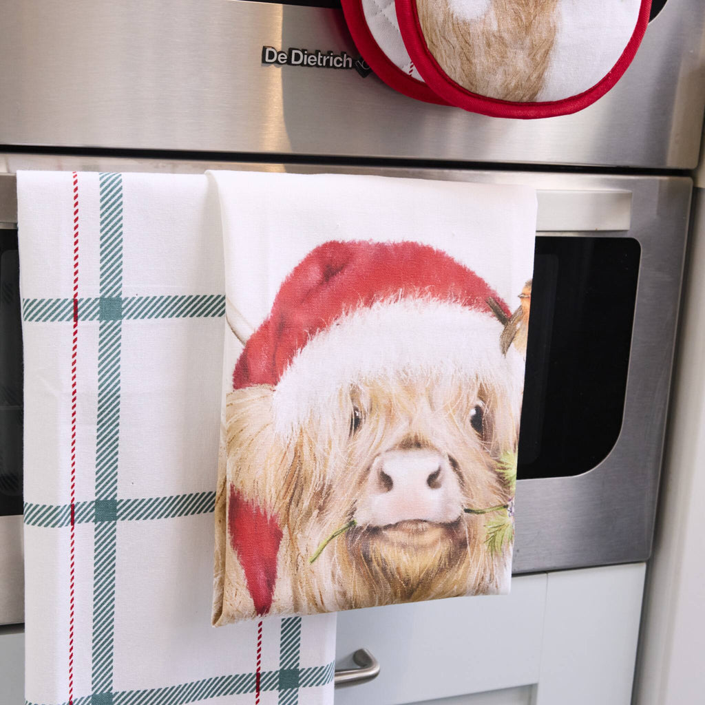 Clover highland tea towel in a kitchen.