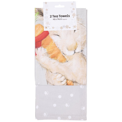 A set of two tea towels measuring 48 x 74 cm with a design featuring a mouse holding a festive bouquet. The towels are made from jacquard fabric and include intricate detailing and vibrant colours.