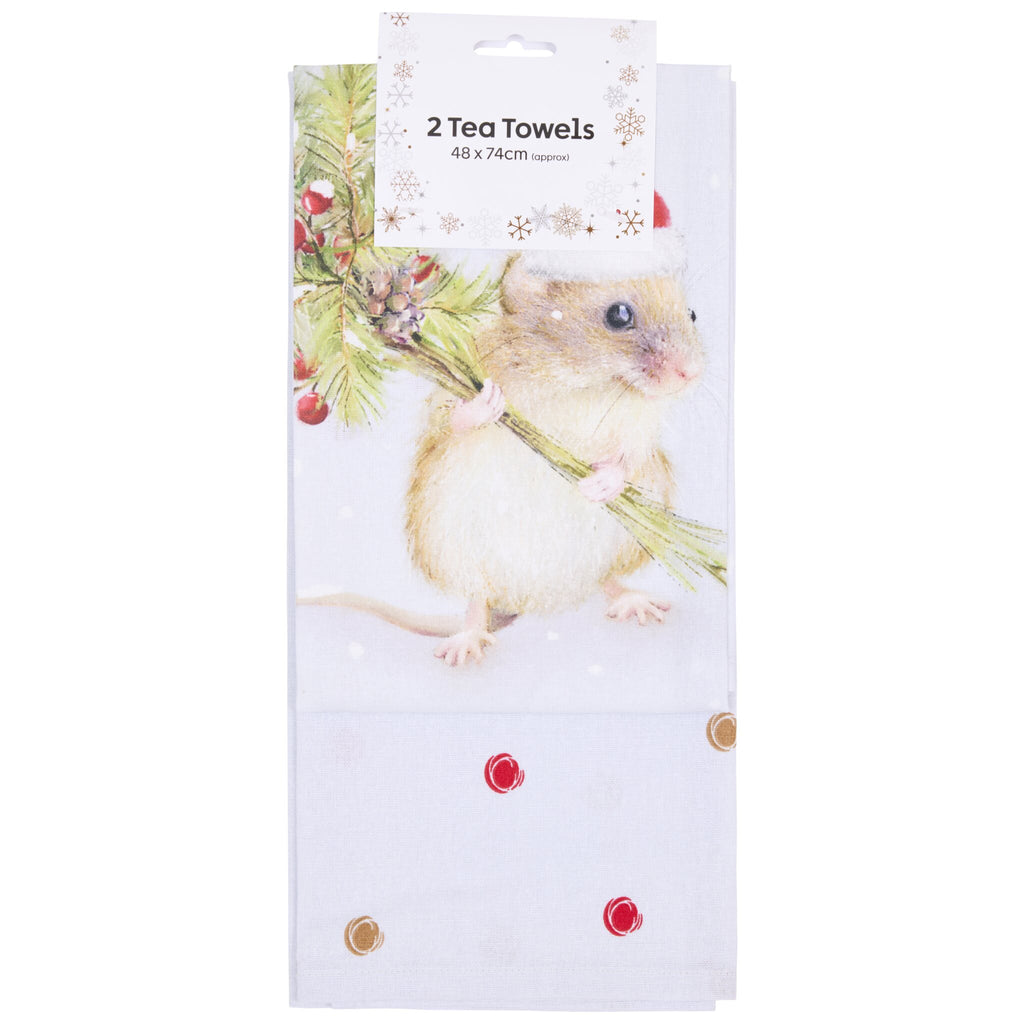 A set of two tea towels measuring 48 x 74 cm with a design featuring a mouse holding a festive bouquet. The towels are made from jacquard fabric and include intricate detailing and vibrant colors.

