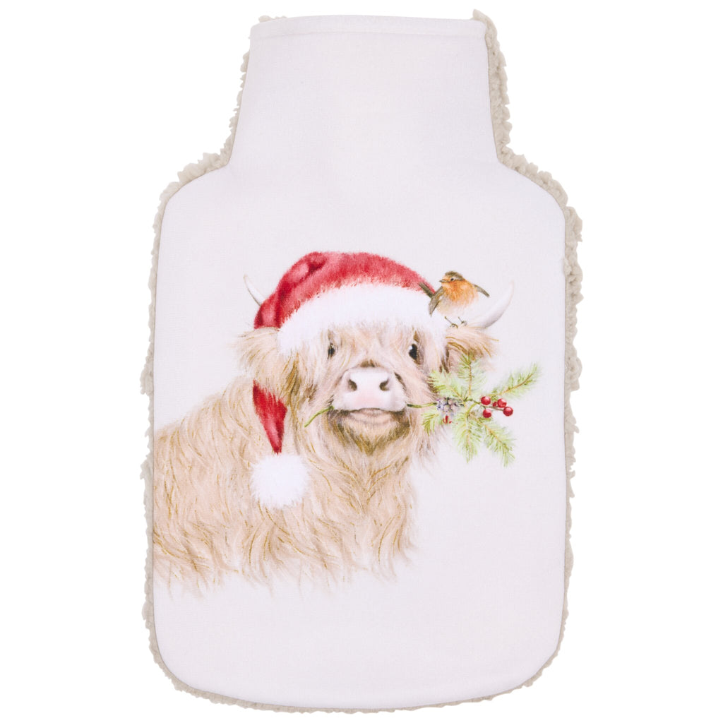 Highland cow wearing Christmas hat designed on white hot water bottle.