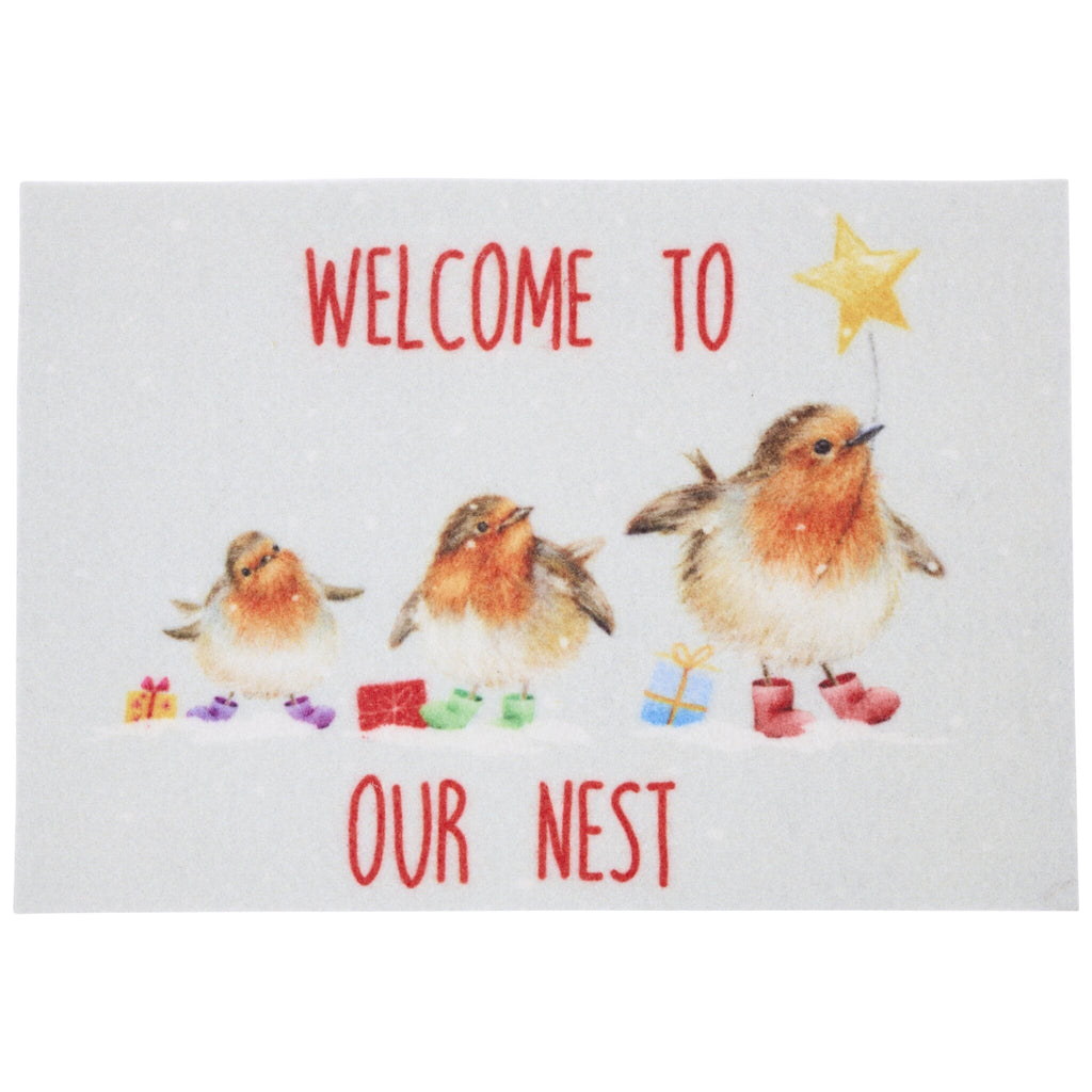 A doormat with the text “WELCOME TO OUR NEST” in red, featuring three birds in colorful boots standing next to small gifts, with one bird holding a yellow star balloon.