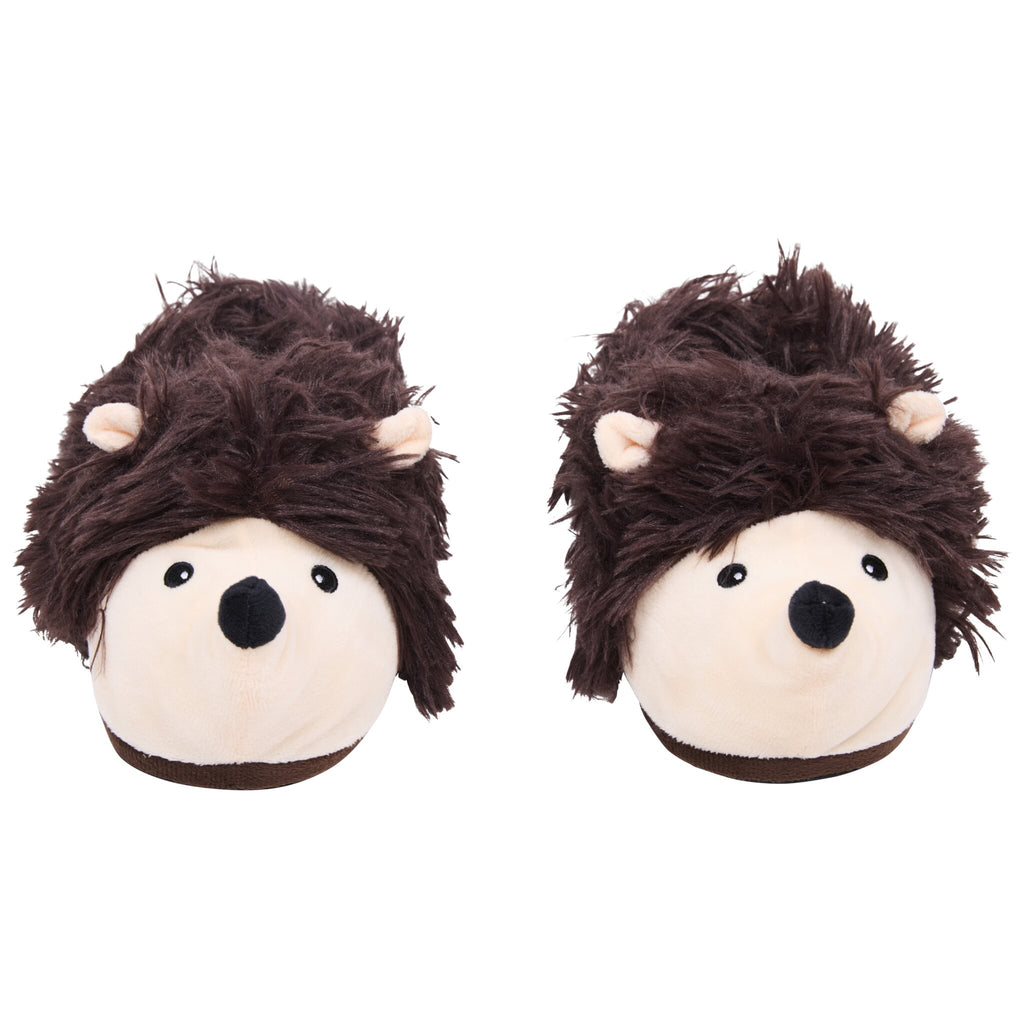 A pair of warm Hedgehog Slippers. Both slippers have hedgehog faces.
