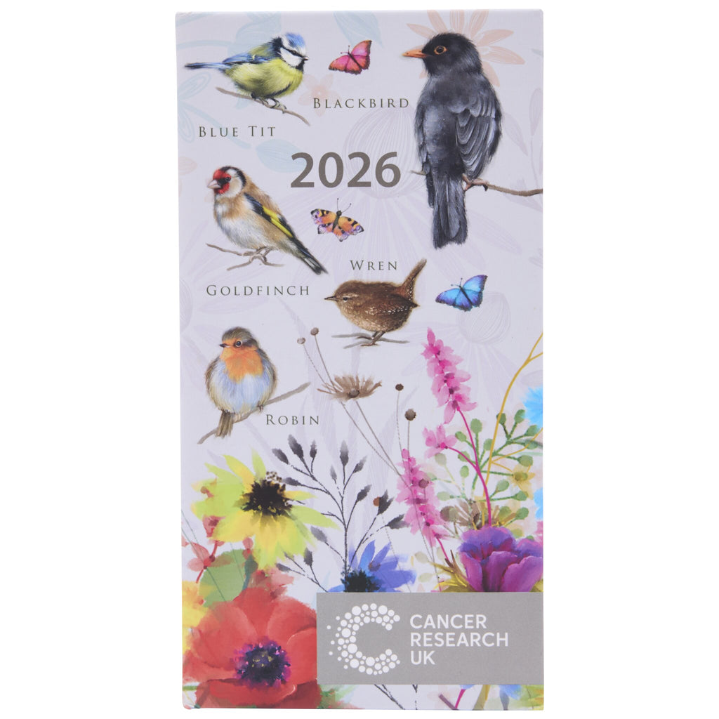 2026 diary featuring bird and flower illustrations on a light grey background. The Cancer Research UK logo features in the bottom right corner.