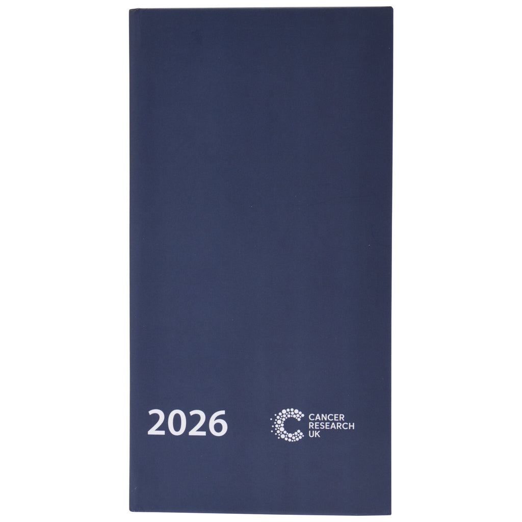 Navy blue Cancer Research UK pocket diary. Features week to view layout.