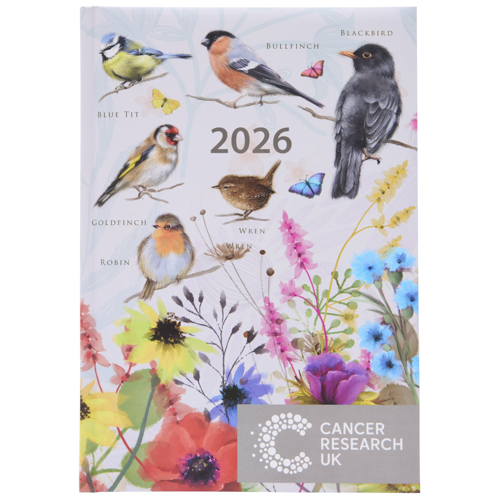 2026 Cancer Research UK diary with a week to view layout. The cover features bird illustrations on a light grey background. This has a number of British Garden Birds in it, such as Robins, Blue Tits, Blackbirds and more.
