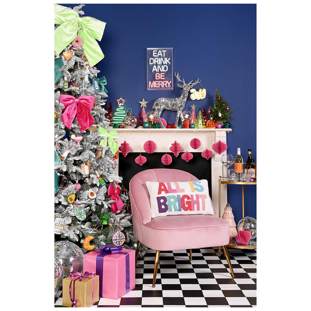 All is Bright Hook Christmas Cushion in a Christmas home environment. A stunning Christmas decor piece. Throw onto sofas, chairs and stools over the festive season. 