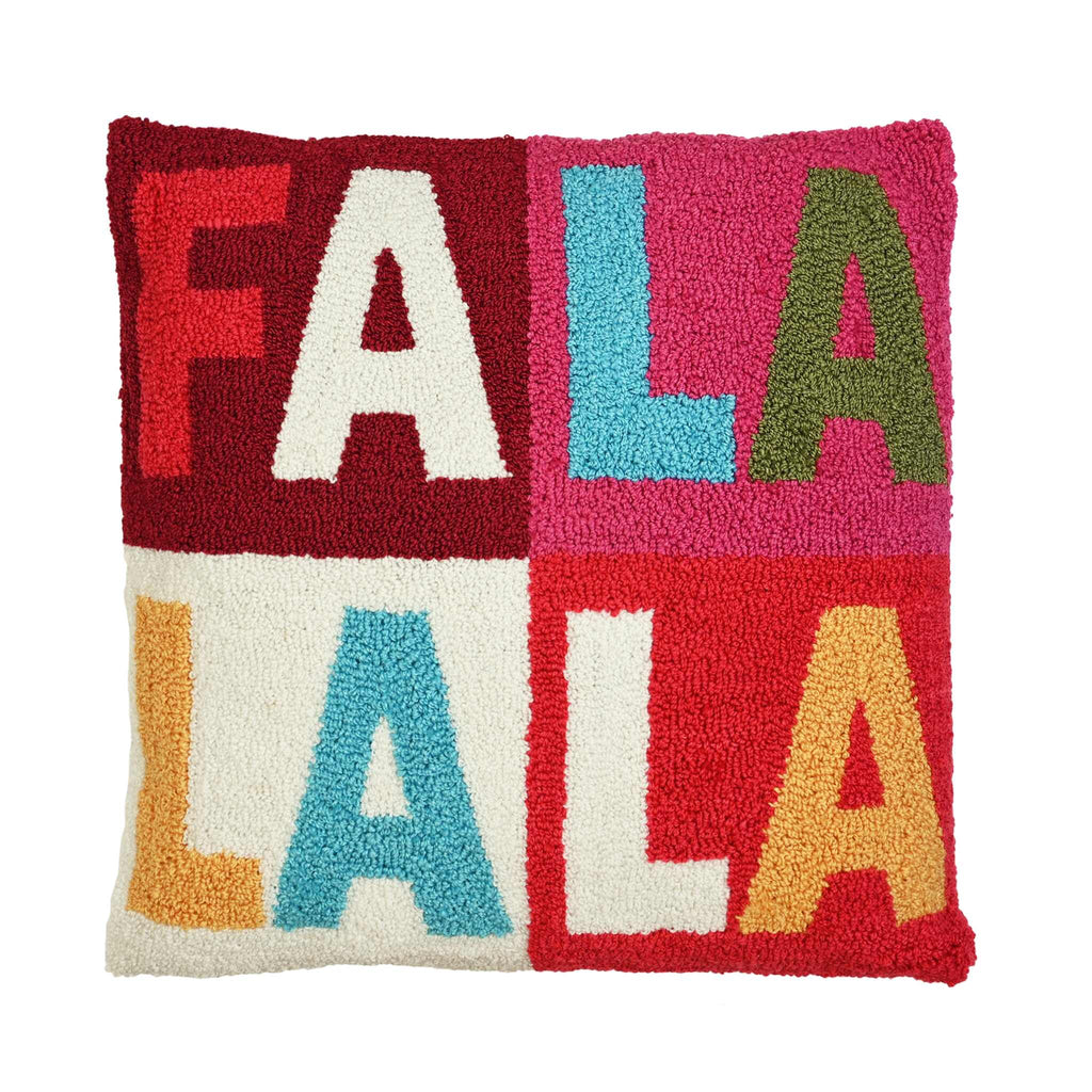 Square Christmas cushion featuring FA LA LA LA design. A perfect piece of Christmas decor 