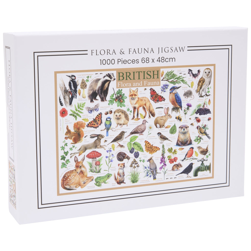 Box of Flora & Fauna Jigsaw puzzle featuring illustrated British wildlife including animals, birds, insects, and plants.