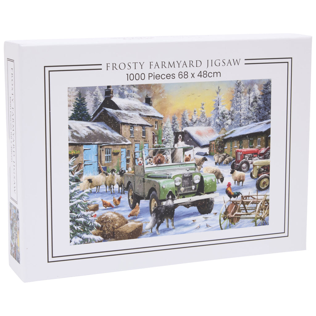 Box of Frosty Farmyard Jigsaw puzzle showing a snowy farmyard with animals, farm buildings, a green Land Rover, and people.