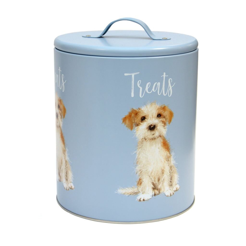 Jack Russell treat tin. A fun and playful way of storing your dogs favourite snacks. The tin is a light blue and features a beautifully designed Jack Rusell design. "Treats" is labelled above his head.