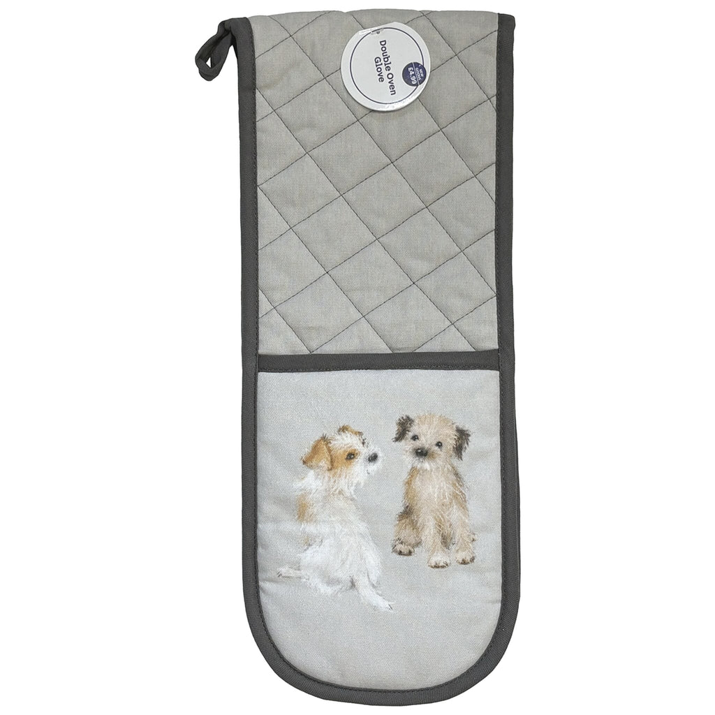A pebble grey oven glove that features a Jack Russell and Border Terrier print on the front.