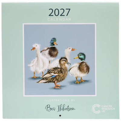 Cancer Research UK Square 2027 Calendar featuring four illustrated ducks on the front cover. Illustrations are by Bev Ibbotson.