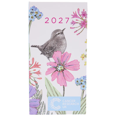 A 2027 Cancer Research UK pocket diary featuring a watercolour illustration of a wren bird perched on pink and blue flowers against a pale background.