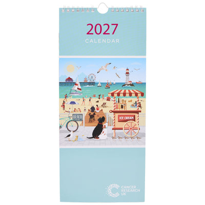A 2027 spiral bound slim calendar by Cancer Research UK. The cover features a seaside illustration. The cover is light blue with pink "2027" written at the top.