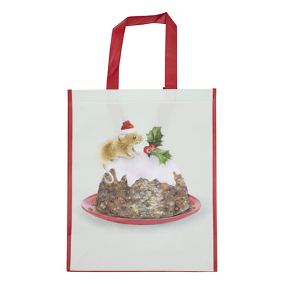 A white reusable shopping tote bag with red handles and red side trim, printed with a festive illustration of a small mouse wearing a Santa hat standing on a Christmas pudding on a plate, with holly leaves, against a plain white background.