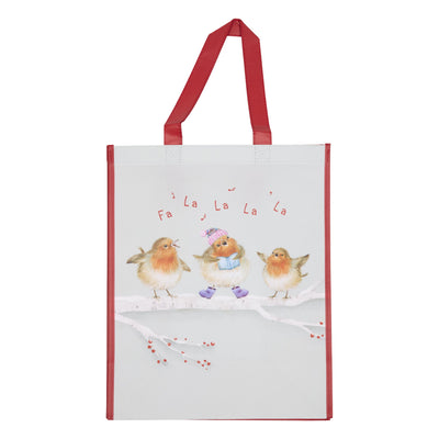 A white reusable tote bag with red handles and red side trim, featuring an illustration of three small robin birds on a snowy branch with the text 'Fa La La La La' above them.