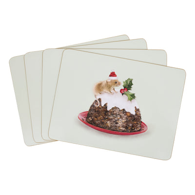 Four square placemats fanned out on a white background, featuring a printed illustration of a small brown mouse wearing a Santa hat and sitting on top of a Christmas pudding with holly.