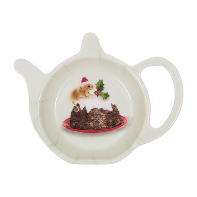 A white ceramic teabady tidy a festive Christmas illustration of a mouse on a pudding, set against a plain white background.