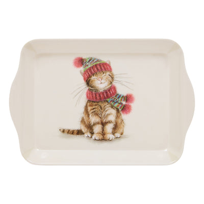 An off-white serving tray with scalloped edges, featuring a printed illustration of a brown tabby cat wearing a red and green knit hat and matching scarf.