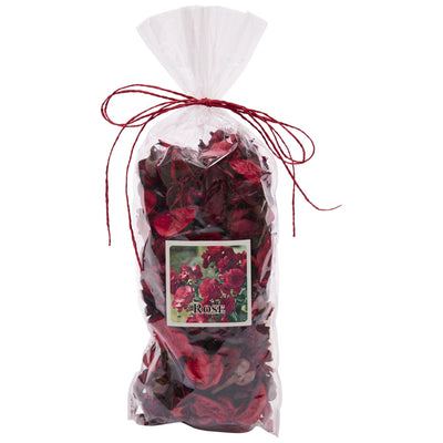 A clear cellophane bag filled with dried rose-scented flower petals and leaves, tied with a tan string and featuring a front label that reads ROSE. This pot pourri makes a wonderful fragrance for your home during Christmas.