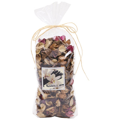 A clear cellophane bag filled with dried vanilla-scented flower petals and leaves, tied with a tan string and featuring a front label that reads VANILLA. This pot pourri makes a wonderful fragrance for your home during Christmas.