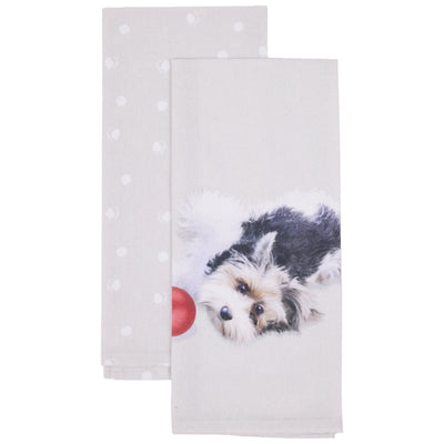Two kitchen towels on a white background. The front towel is off-white with a printed image of a small black and white dog looking at a red ball.