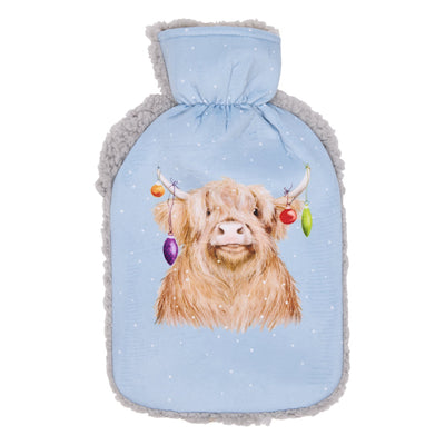 A wonderful way of keeping warm this winter, this hot water bottle is light blue, and features a spectacular Highland Cow on the front with baubles hanging from his horns.