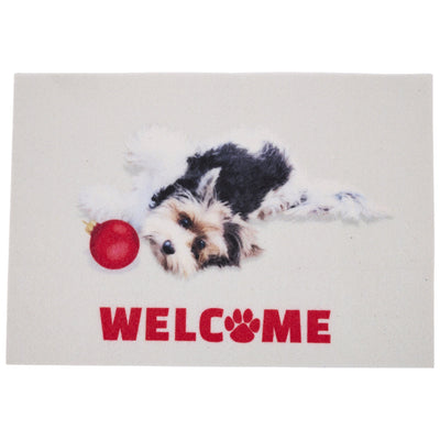 A rectangular cream-colored doormat featuring a small black-and-white puppy.