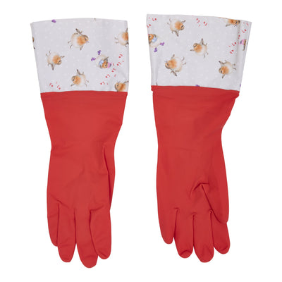 A pair of long red washing up gloves with a light grey patterned cuff featuring red robin  illustrations, shown against a plain white background.