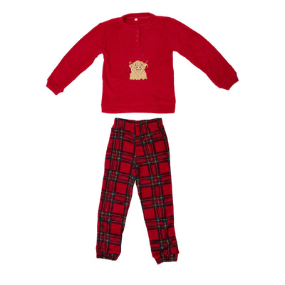 A two-piece children's pajama set consisting of a red long-sleeve henley top with a small dog patch on the chest and matching red plaid pants with green and black lines, shown flat on a white background.