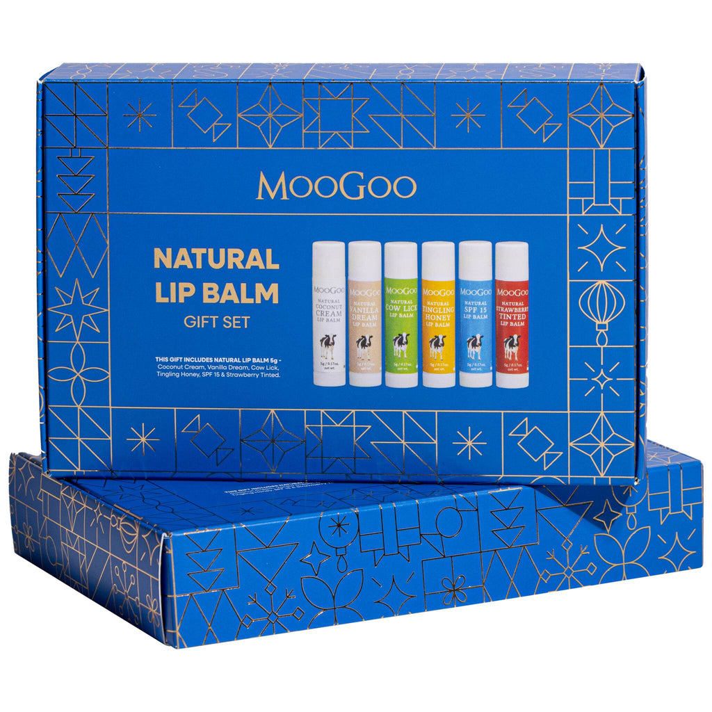 MooGoo natural lip balm gift set. Featuring an array of expertly created lip balms, these will have your lips feeling nourished in no time.