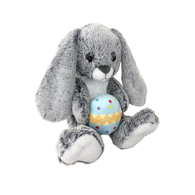 Soft plush Bunny Rabbit Easter Toy. This toy is holding a blue Easter egg. A sweet bunny toy to celebrate Spring.