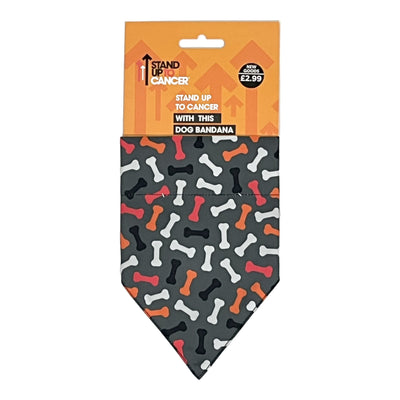 Stand Up To Cancer Dog Bandana. Bandana has a black, red, white and orange falling bone pattern. All set on a grey background.
