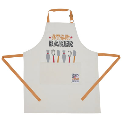 An adult-sized apron with orange straps, designed for the Great Stand Up To Cancer Bake Off. The apron is white and features the words “Star Baker” above colourful illustrations of baking utensils, with a large front pocket.
