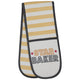A double oven glove with grey edging, featuring yellow and white horizontal stripes along the centre panel and the words ‘Star Baker’ printed in bold decorative lettering on both padded ends.