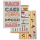 A set of three official Great Stand Up To Cancer Star Baker tea towels, each featuring a different design: one with bold baking-themed words, one with kitchen utensil and mixer illustrations, and one with striped cherries and strawberries.